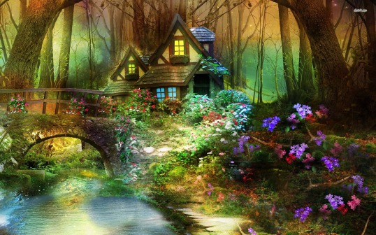 Enchanted-forest-hut-wallpaper