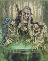 scary witches around cauldron